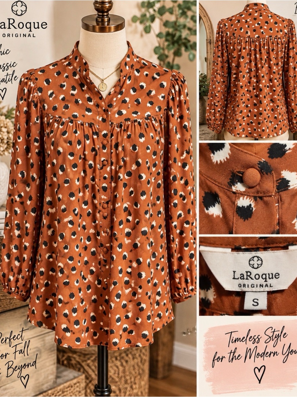 LaRoque Original Size S Rust Black Cream Print Puff Sleeve Blouse Boho NWT
